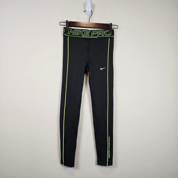 Nike PRO Dri-fit Tight Leggings Size M/10-12 Kids Black Volt FZ5613-010 Training - Picture 1 of 4